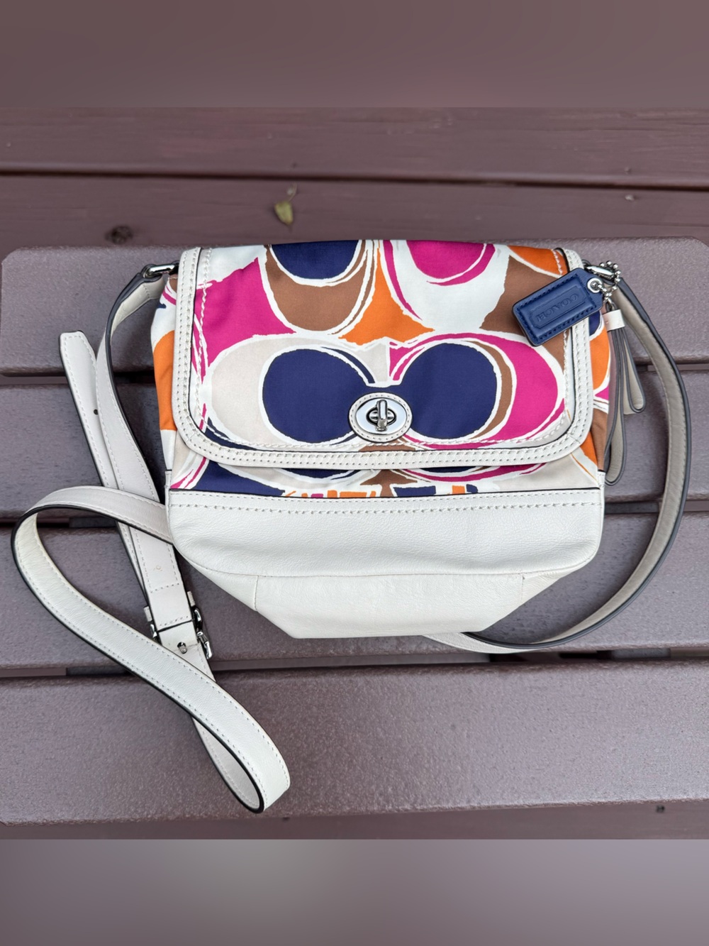 Designer Coach White Leather Crossbody with Multicolor Monogram Logo Print